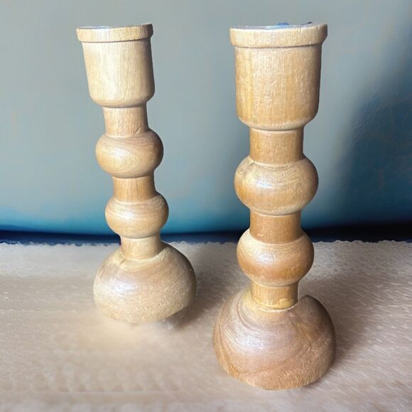 Wood Candlestick Holders Set of 2- 8” Natural Farmhouse Rustic Rounded Design - Picture 2 of 11